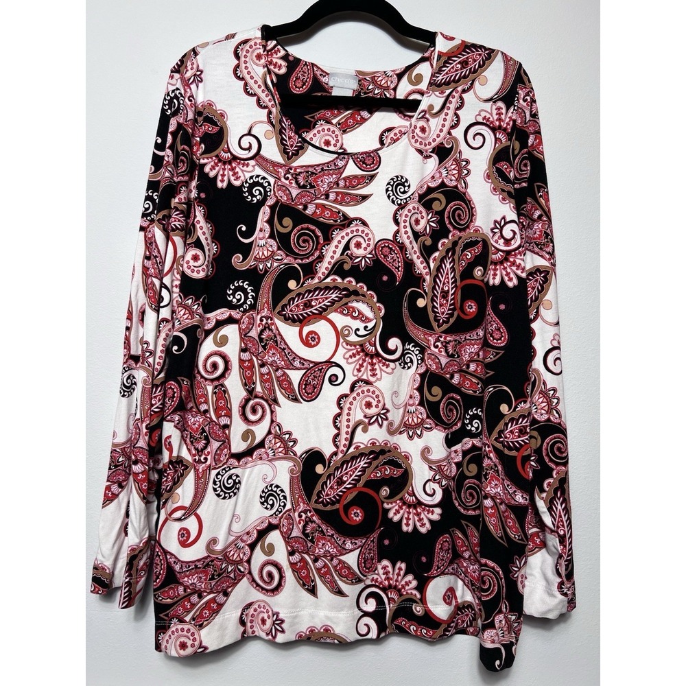 CHICOS Size 3 (XL) Paisley Print Top Black White Red-Long Sleeve-STRETCHY Casual